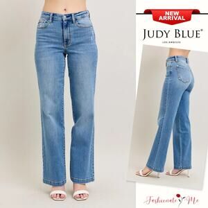 Judy Blue High Rise 5 Pocket Design Zipper Fly Medium Wash Straight Denim Jeans
